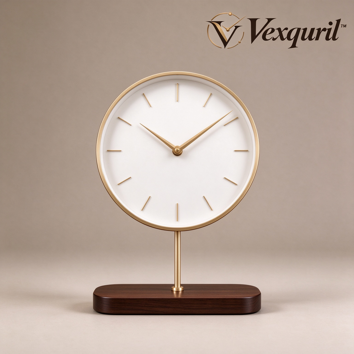 𝑽𝒆𝒙𝒒𝒖𝒓𝒊𝒍™ Gold Pedestal Table Clock with Wood Base
