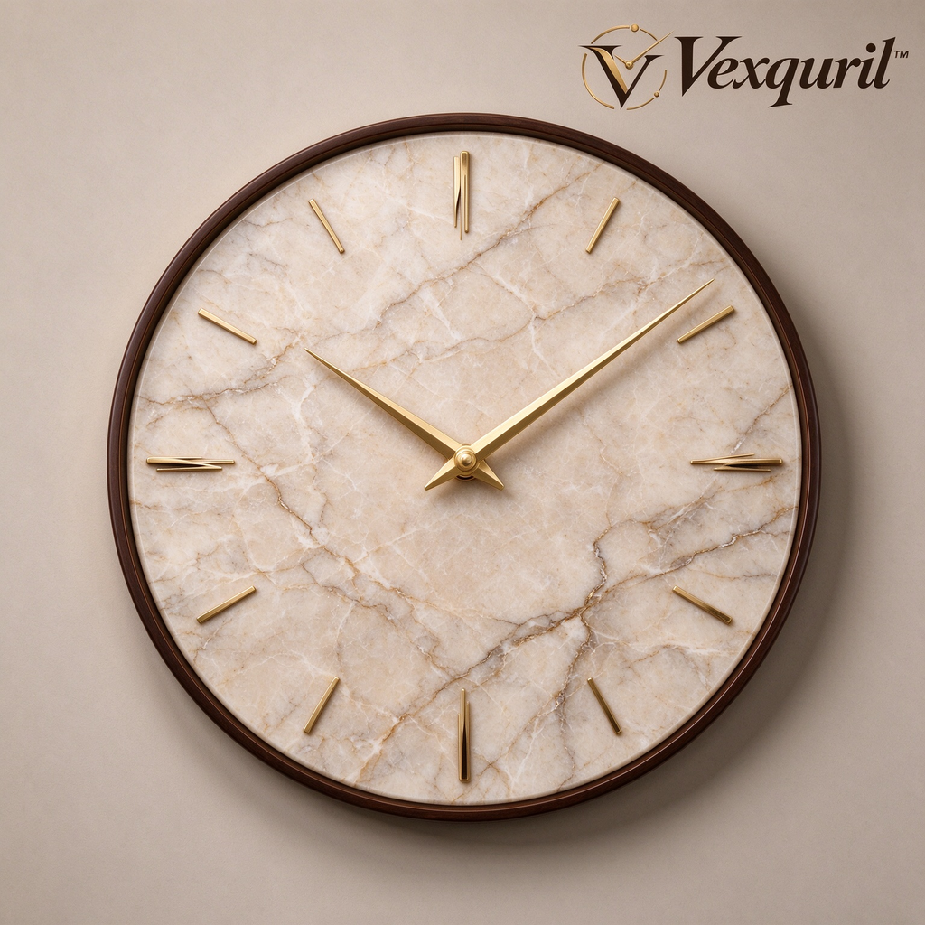 𝑽𝒆𝒙𝒒𝒖𝒓𝒊𝒍™ Cream Marble Wall Clock with Walnut-Tone Rim
