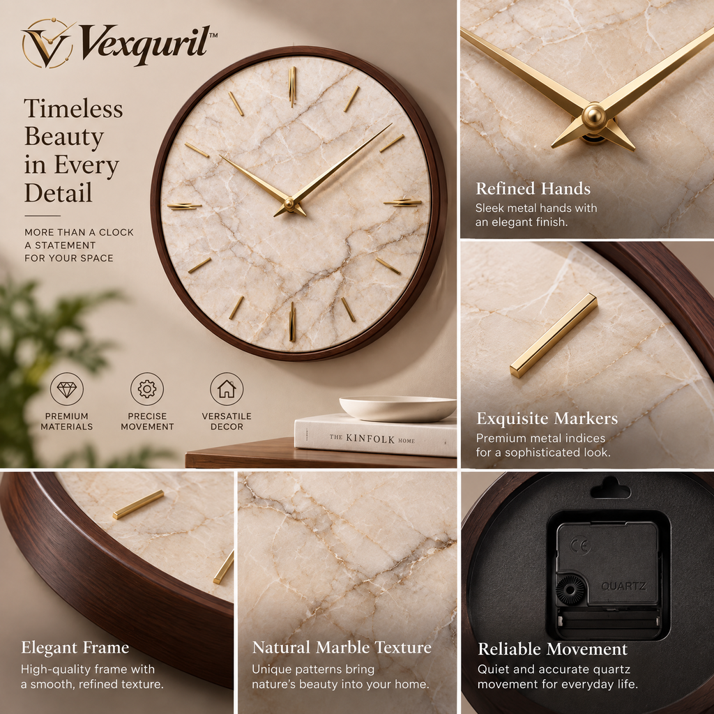 𝑽𝒆𝒙𝒒𝒖𝒓𝒊𝒍™ Cream Marble Wall Clock with Walnut-Tone Rim