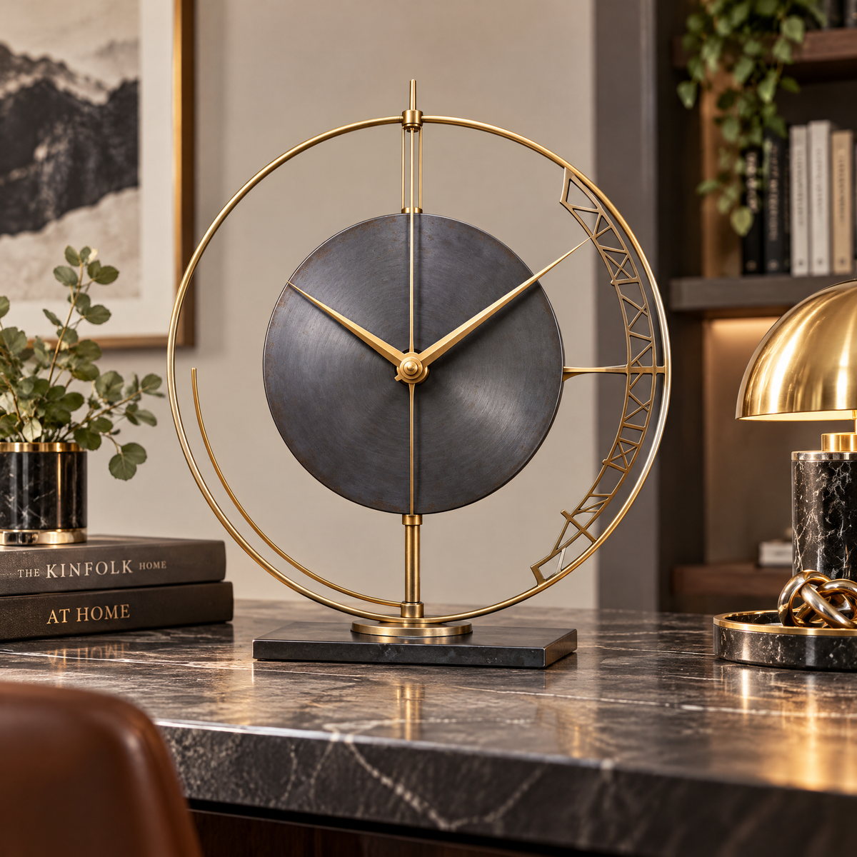 𝑽𝒆𝒙𝒒𝒖𝒓𝒊𝒍™ Gold Orbit Table Clock with Geometric Arc