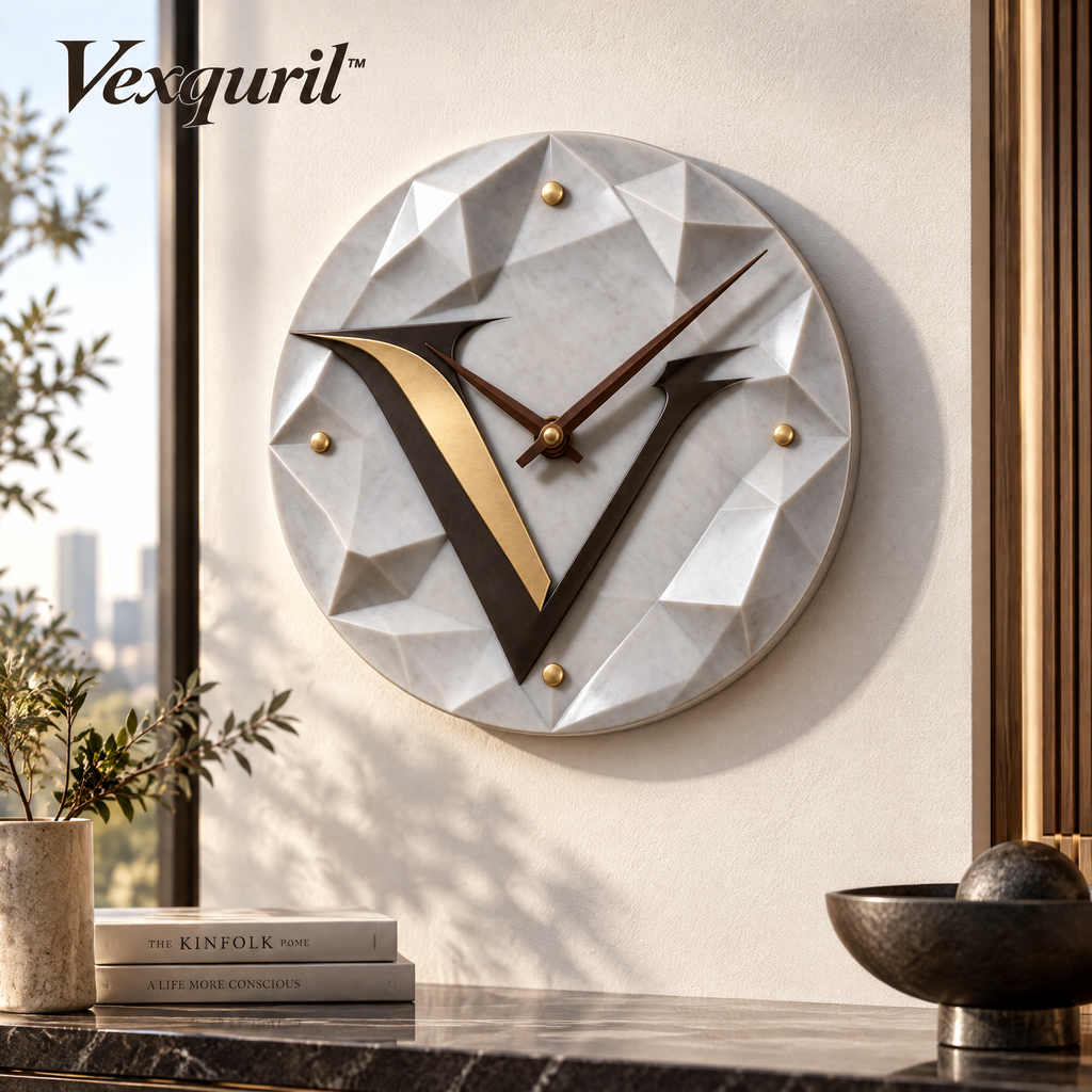 𝑽𝒆𝒙𝒒𝒖𝒓𝒊𝒍™ Faceted Wall Clock with Black and Gold V Accent