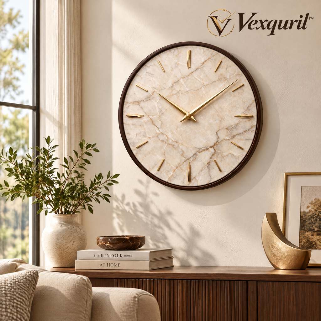 𝑽𝒆𝒙𝒒𝒖𝒓𝒊𝒍™ Cream Marble Wall Clock with Walnut-Tone Rim