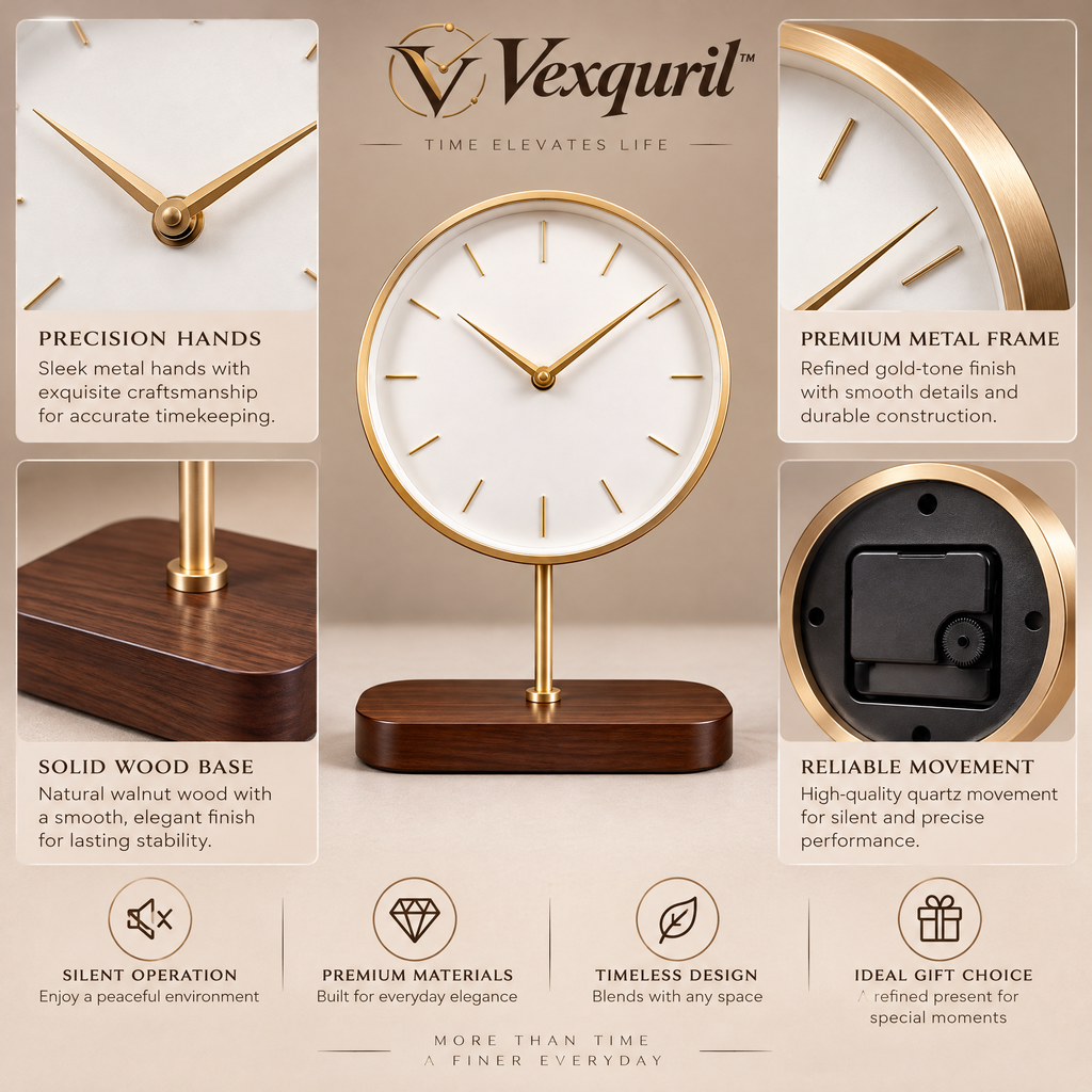 𝑽𝒆𝒙𝒒𝒖𝒓𝒊𝒍™ Gold Pedestal Table Clock with Wood Base