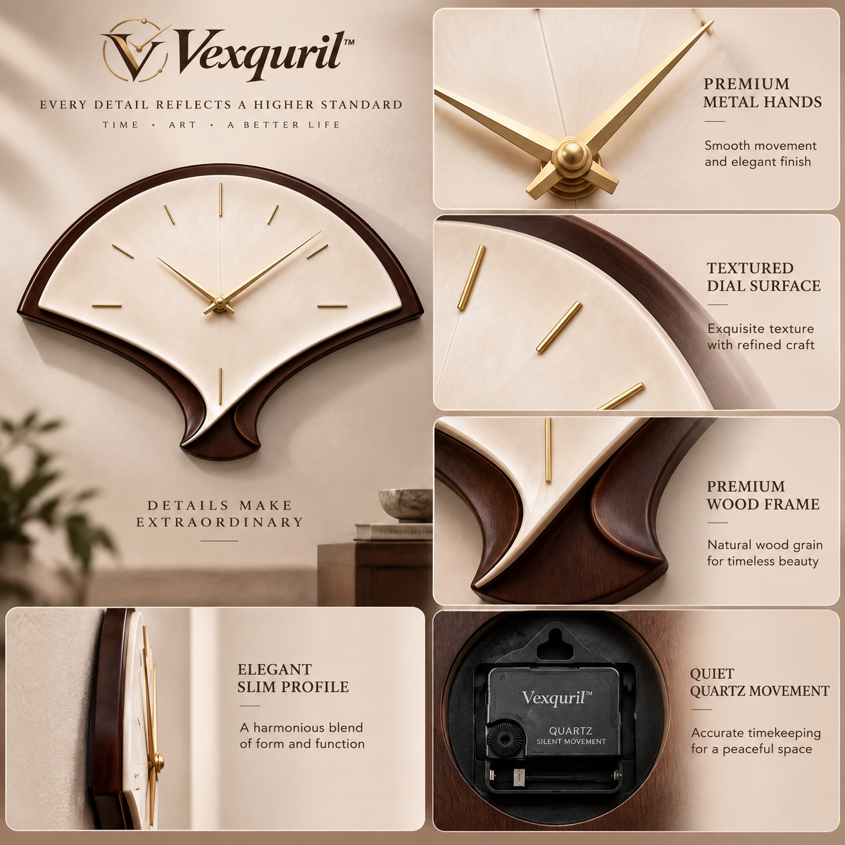 𝑽𝒆𝒙𝒒𝒖𝒓𝒊𝒍™ Fan-Shaped Wall Clock with Dark Wood Frame