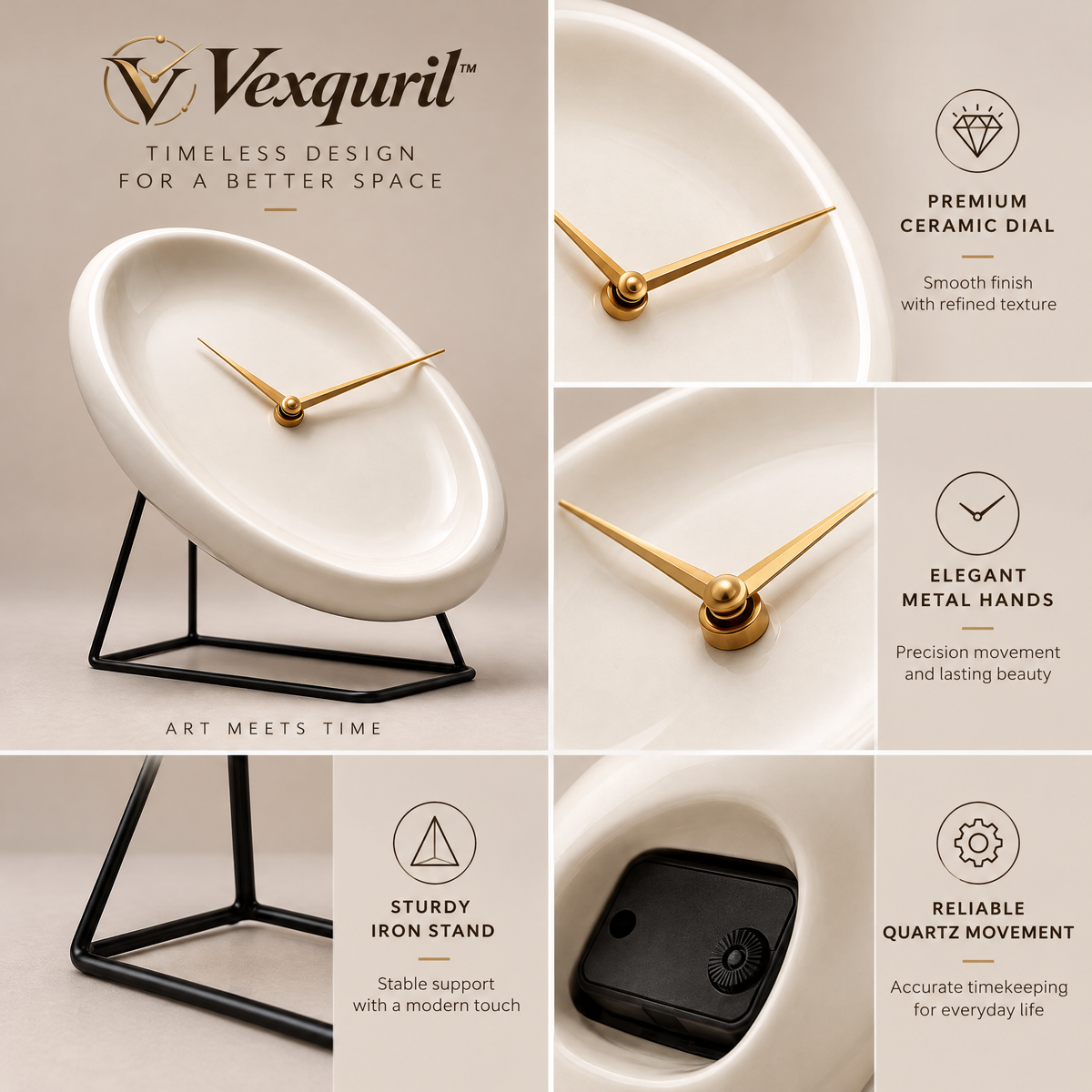 𝑽𝒆𝒙𝒒𝒖𝒓𝒊𝒍™ Organic Oval Ceramic Table Clock