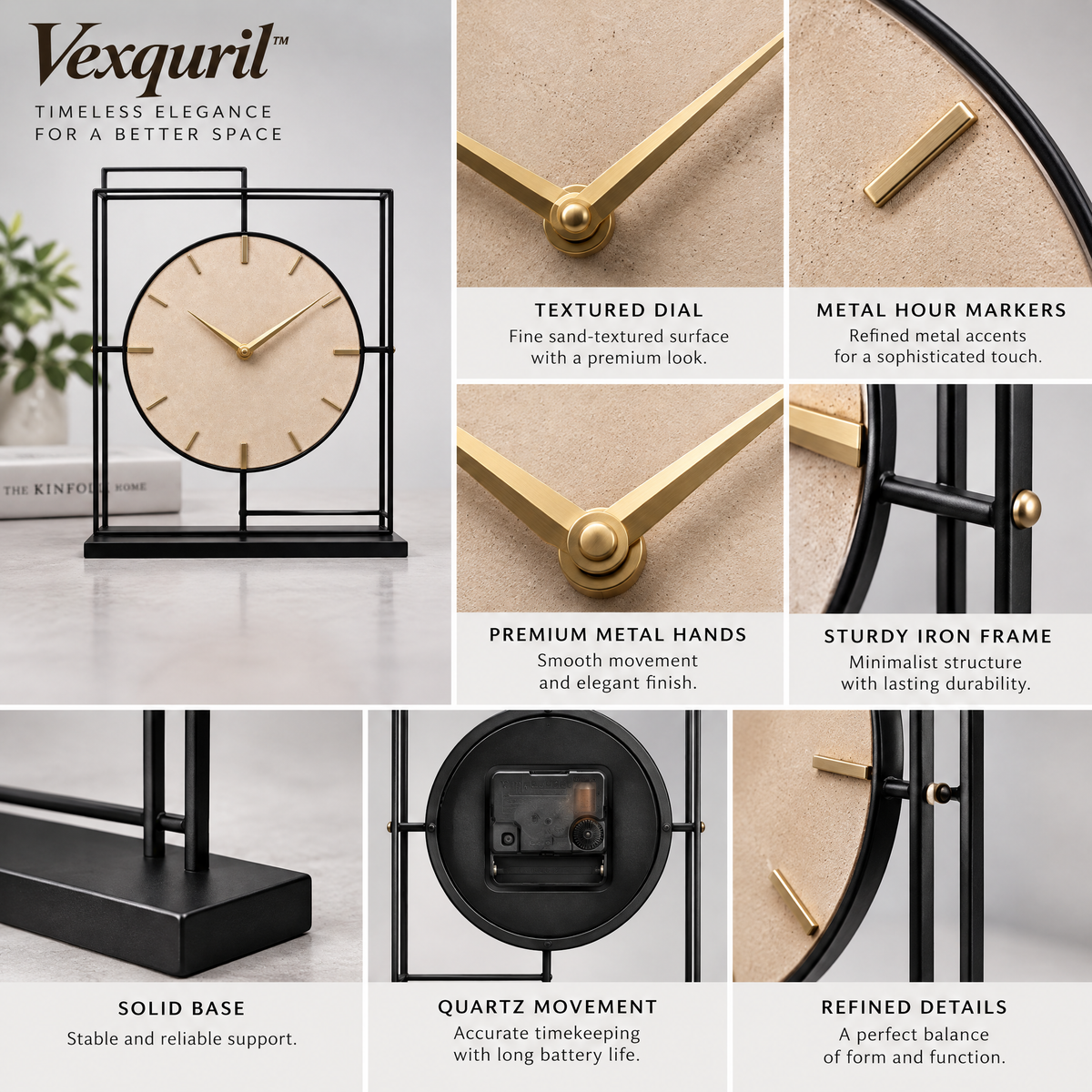 𝑽𝒆𝒙𝒒𝒖𝒓𝒊𝒍™ Black Frame Table Clock with Sand Dial