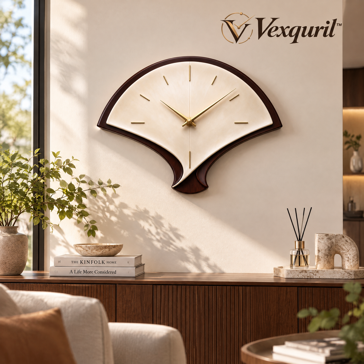 𝑽𝒆𝒙𝒒𝒖𝒓𝒊𝒍™ Fan-Shaped Wall Clock with Dark Wood Frame