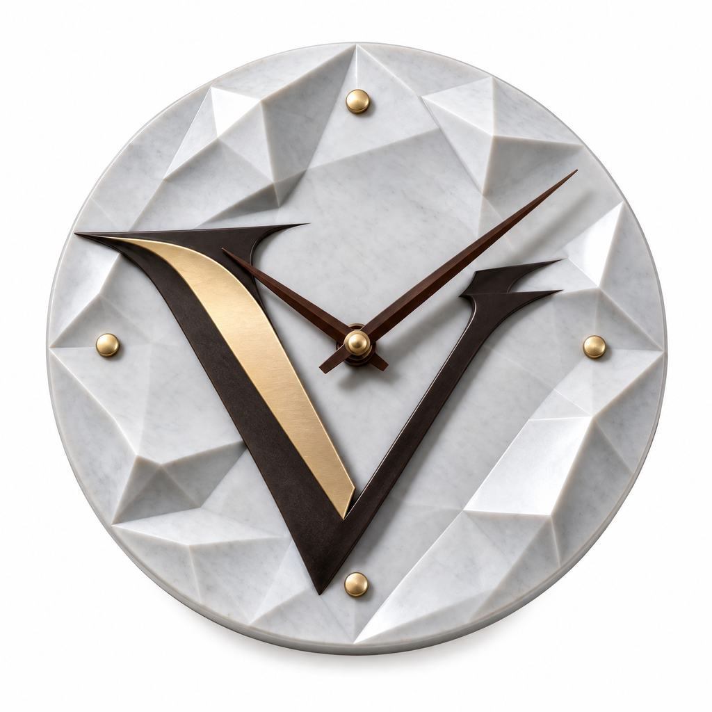 𝑽𝒆𝒙𝒒𝒖𝒓𝒊𝒍™ Faceted Wall Clock with Black and Gold V Accent