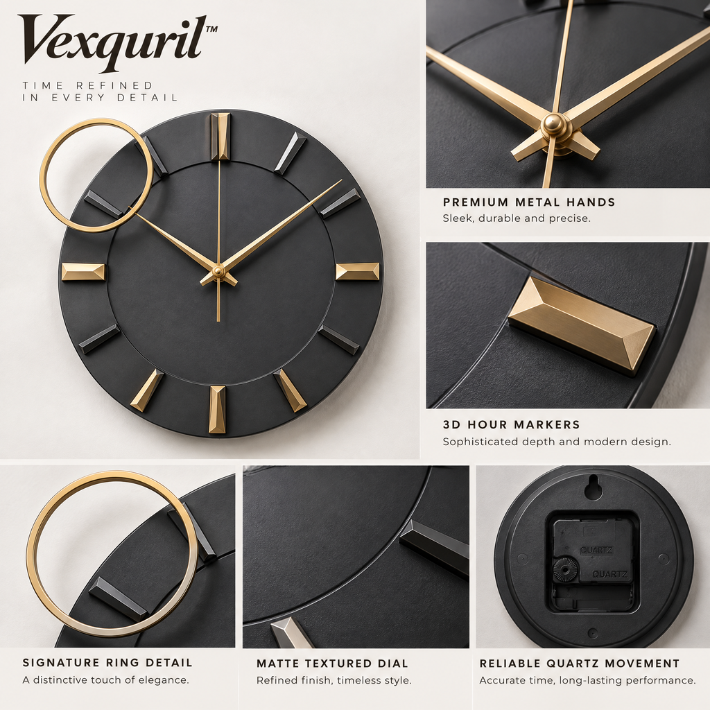 𝑽𝒆𝒙𝒒𝒖𝒓𝒊𝒍™ Charcoal Wall Clock with Gold Ring Accent