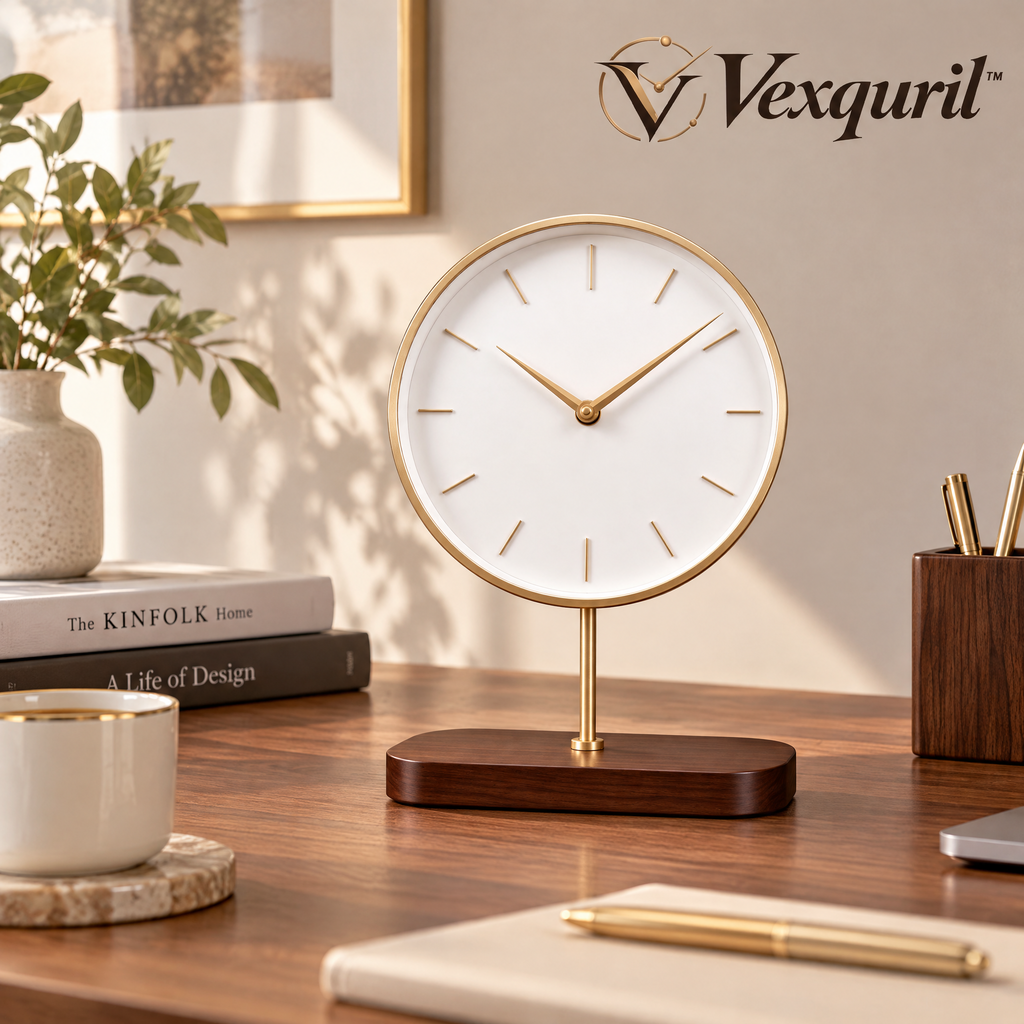 𝑽𝒆𝒙𝒒𝒖𝒓𝒊𝒍™ Gold Pedestal Table Clock with Wood Base