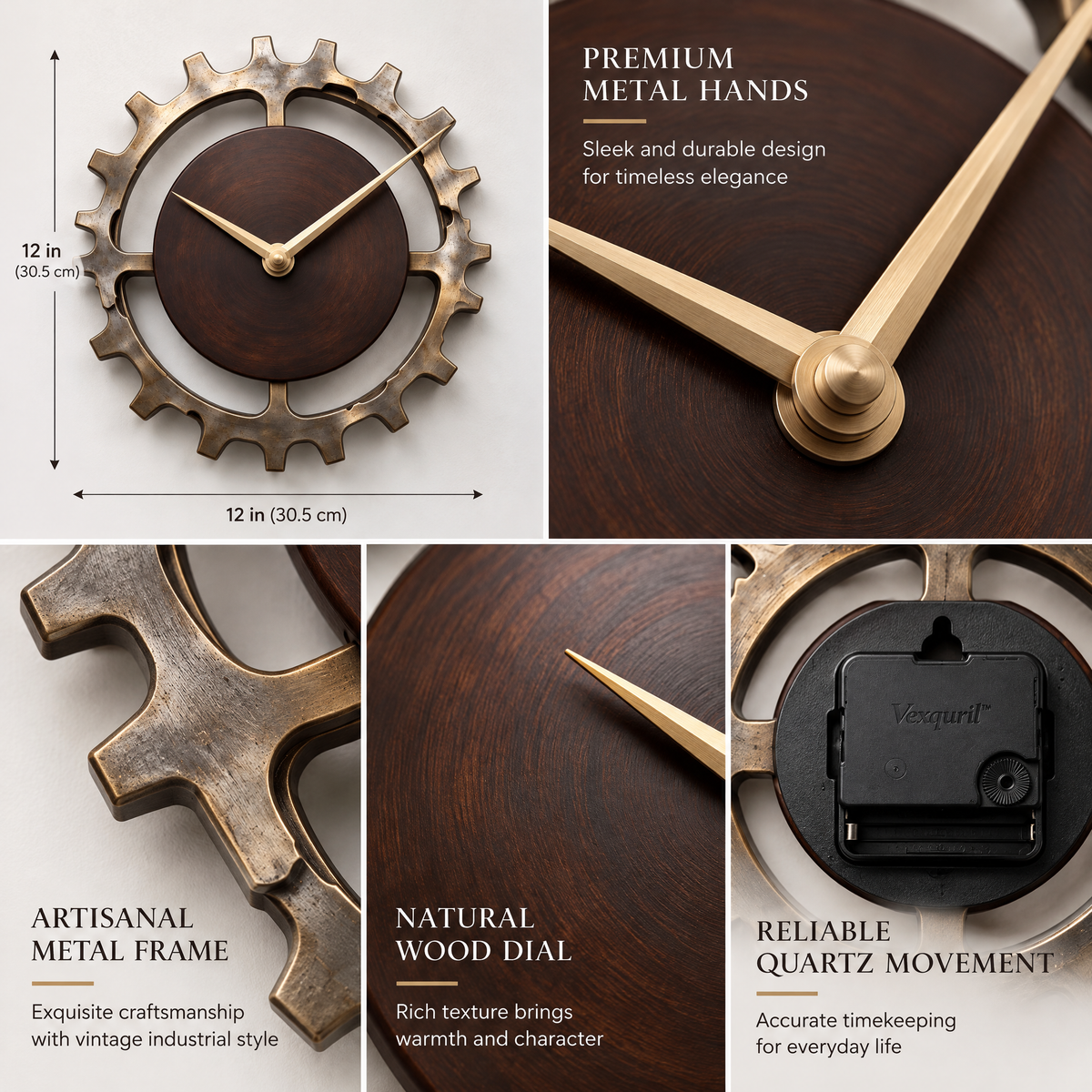 𝑽𝒆𝒙𝒒𝒖𝒓𝒊𝒍™ Industrial Gear Wall Clock with Wood Dial