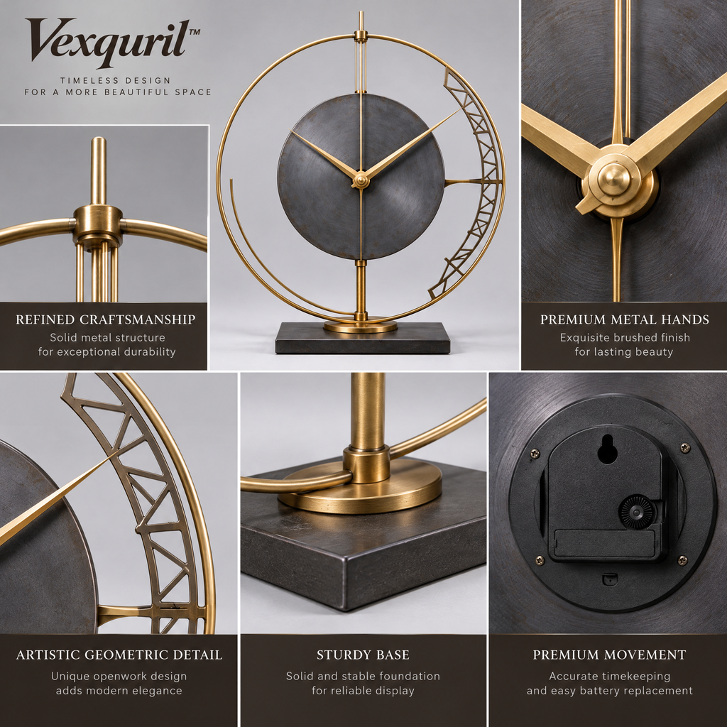 𝑽𝒆𝒙𝒒𝒖𝒓𝒊𝒍™ Gold Orbit Table Clock with Geometric Arc