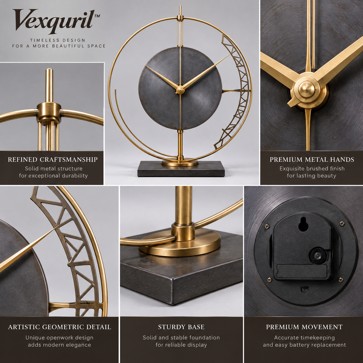 𝑽𝒆𝒙𝒒𝒖𝒓𝒊𝒍™ Gold Orbit Table Clock with Geometric Arc