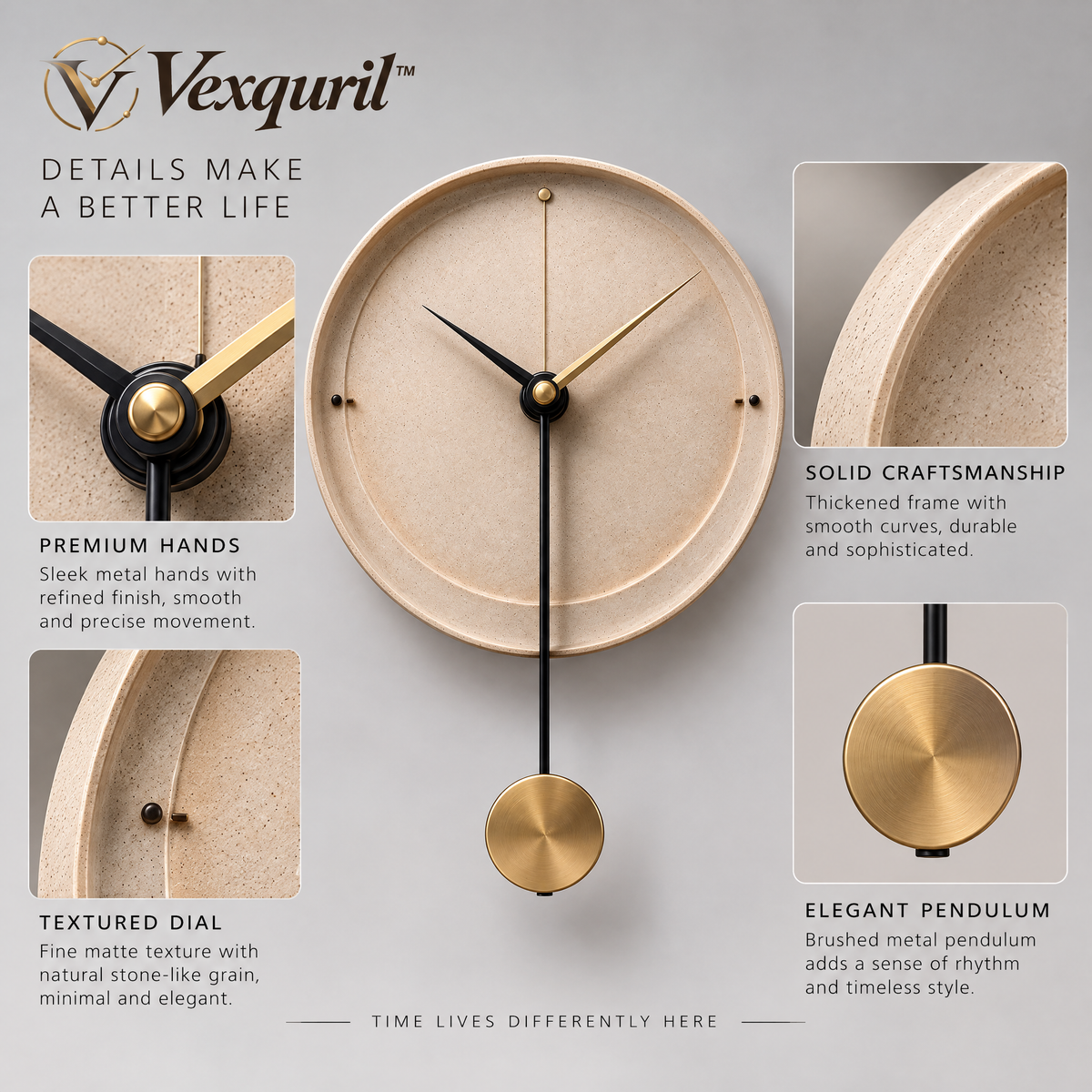 𝑽𝒆𝒙𝒒𝒖𝒓𝒊𝒍™ Sand-Tone Pendulum Wall Clock